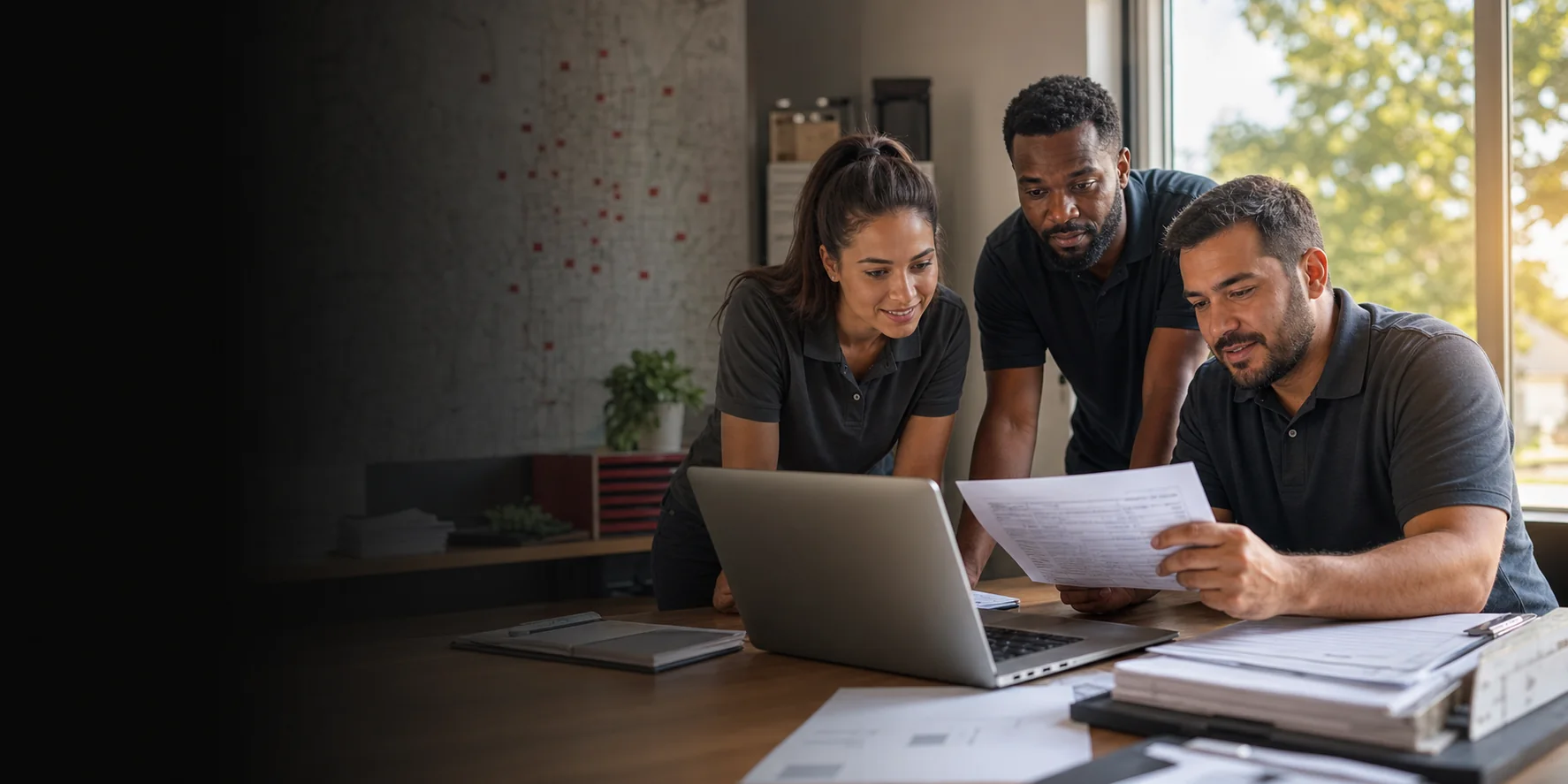 A door-to-door sales team reviewing commission statements
